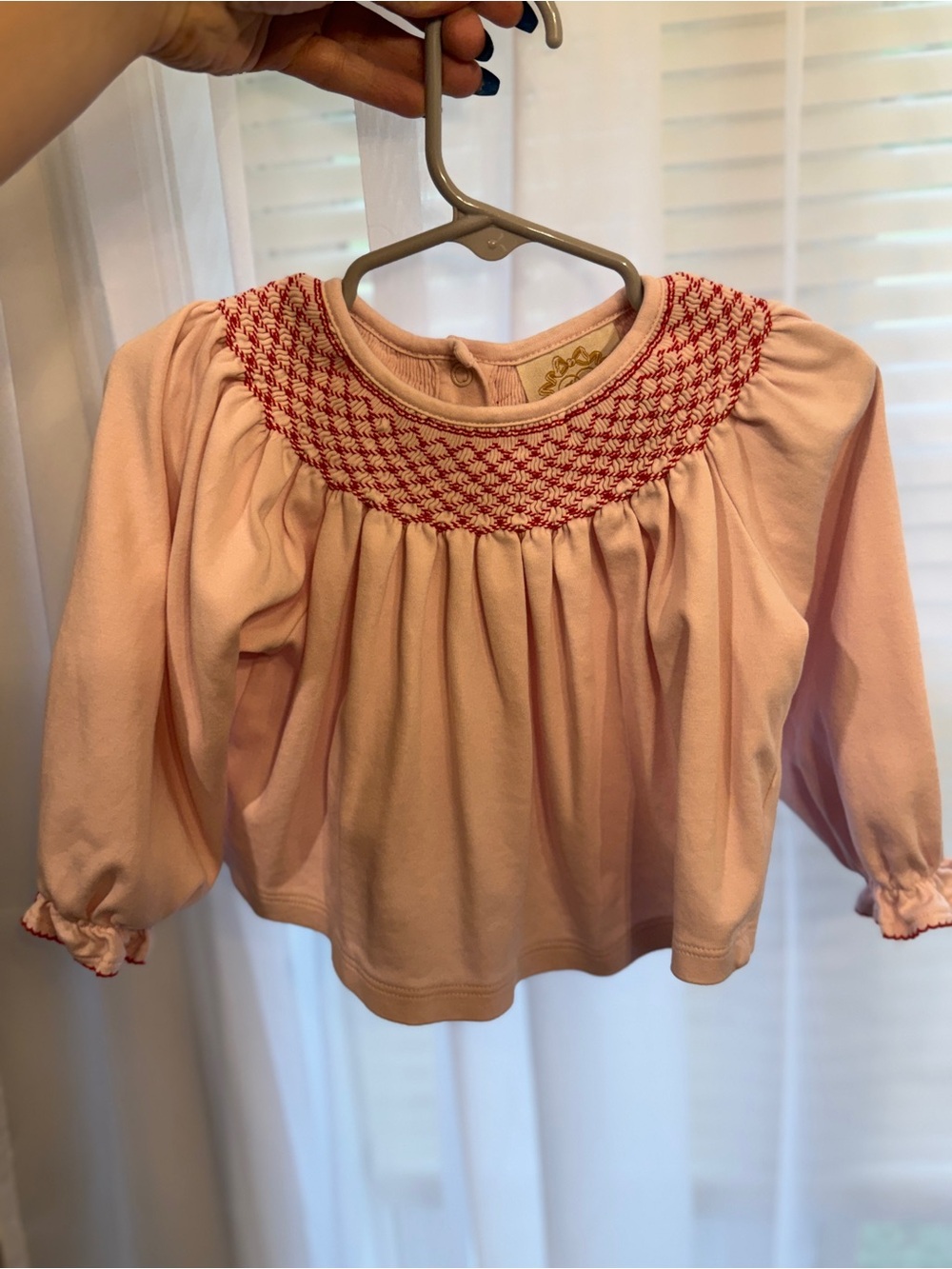 The Beaufort Bonnet Company Pink Long-Sleeve Smocked Top with Red Stitching